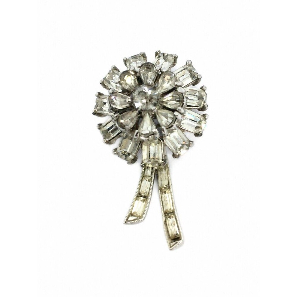 VINTAGE HOLLYCRAFT BROOCH Rhinestone Silver Tone Crystal Flower Pin Spring